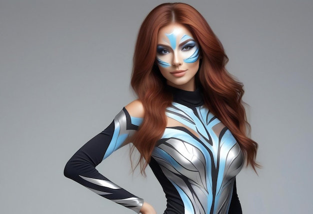 Futuristic woman with blue and silver makeup on grey background