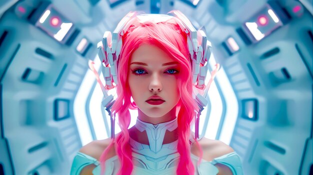 Futuristic woman with headphones and pink hair in futuristic space station Generative AI