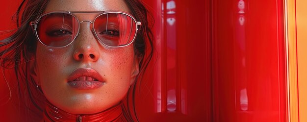 Photo futuristic woman with smart glasses in a red monochromatic scene