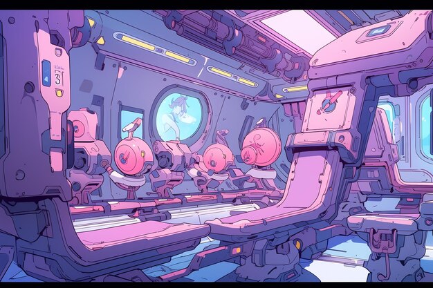 A futuristic workout station in a spaceship pop art