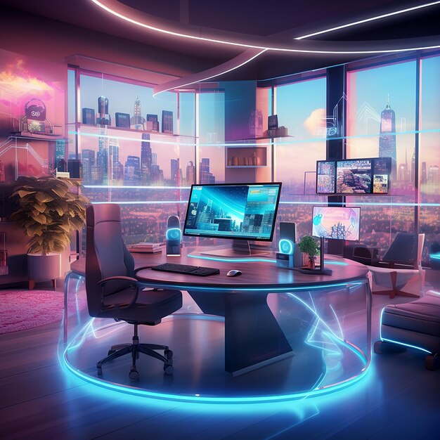 Photo futuristic workspace immersive 3d holographic tech environments with sleek modern design