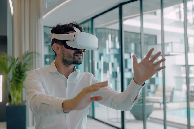 Futuristic Workspaces Businessman using a VR headset VR Technology