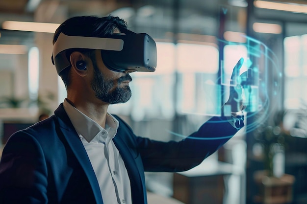 Futuristic Workspaces Businessman using a VR headset VR Technology