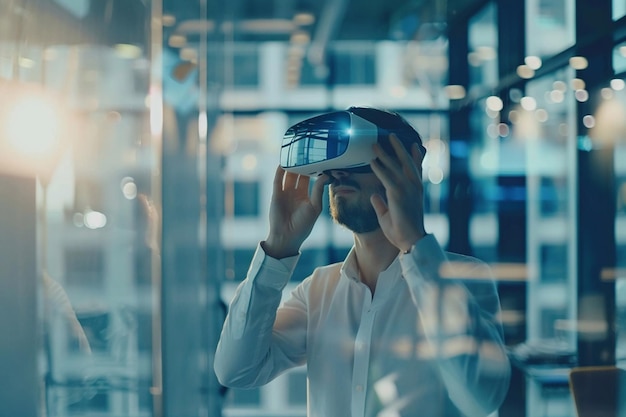 Futuristic Workspaces Businessman using a VR headset VR Technology