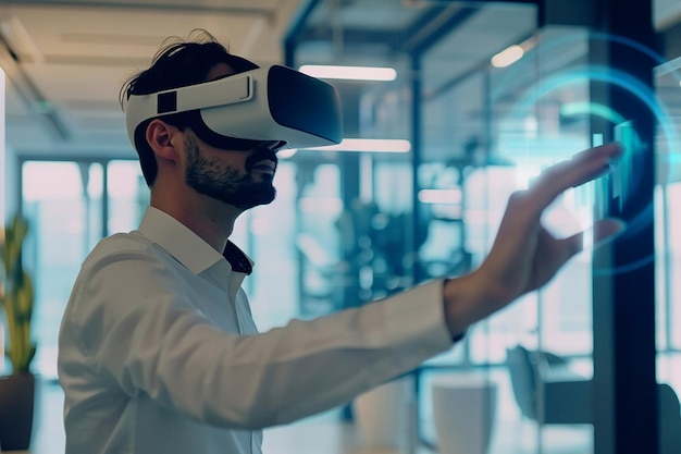 Futuristic Workspaces Businessman using a VR headset VR Technology