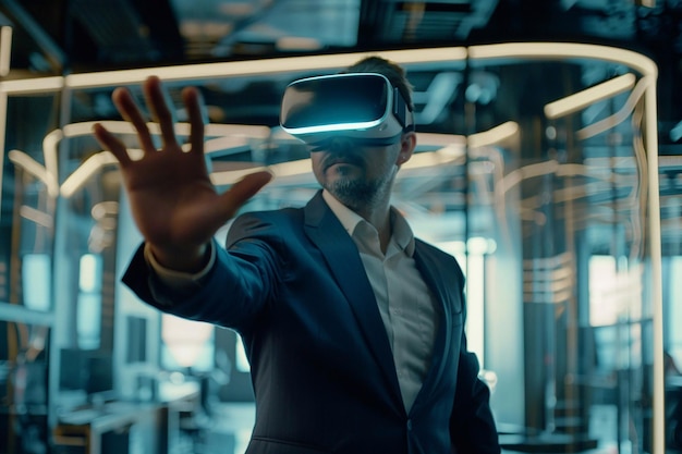 Futuristic Workspaces Businessman using a VR headset VR Technology