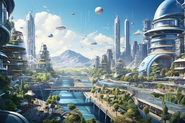 Futuristic world of futuristic cities and landscapes seen from within built with artificial