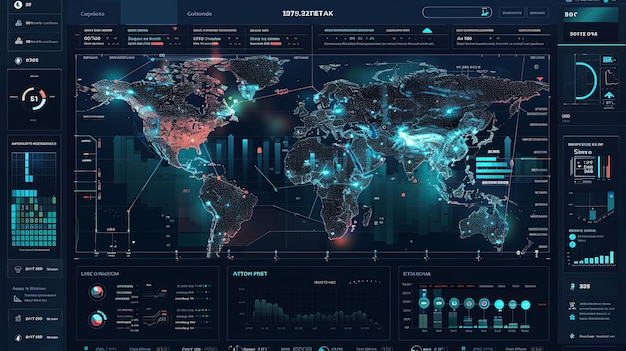 Photo futuristic world map interface with data and charts