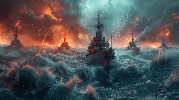 Futuristic World War 3 naval warfare advanced warships intense ocean waves laser beams highdetail 8K