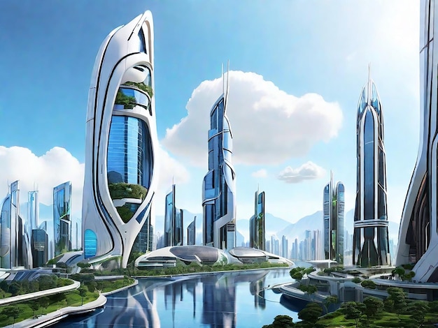 A futuristic world where AI ethics are the foundation of society with towering skyscrapers and