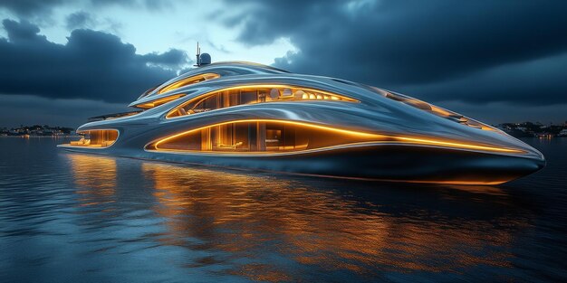 Photo futuristic yacht cruising at sunset