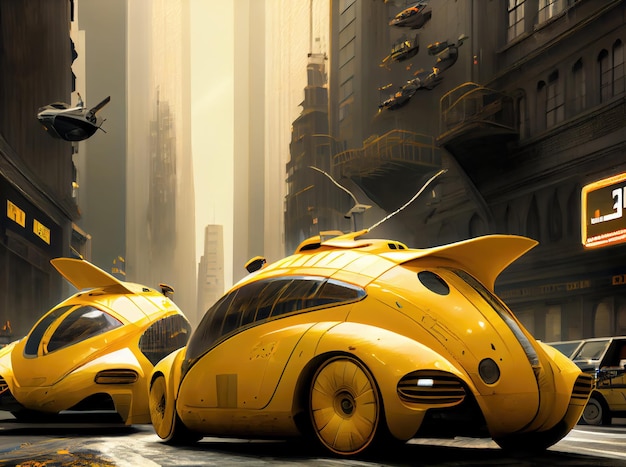 Futuristic yellow taxi among big cities and skyscrapers Transportation and Innovation technology concept Generative AI