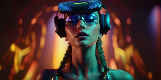 Futuristic young woman wearing a VR headset against a neon backdrop Generative AI