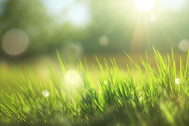 Fuzzy focus Green grass with a background of a field and sunlight Easter day setting