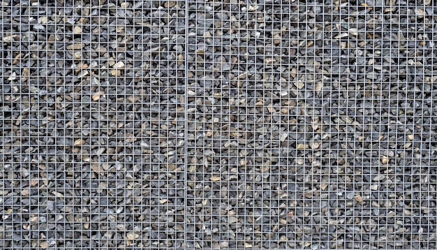 Gabion with heaps of small stones in a grid as the city or garden decoration textured background