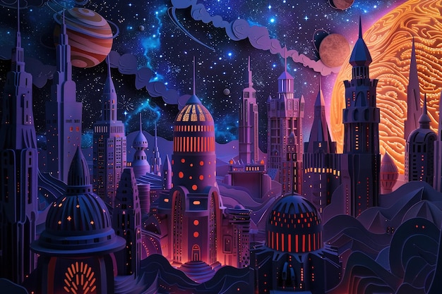 Galactic city 3D paper cut space travel destination intricate buildings starry sky