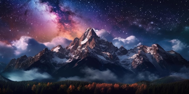 Galactic Skies Illuminating SnowCovered Peaks Generative AI