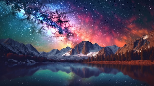 Galactic Sky Over SnowCapped Mountains and Calm Lake Generative AI