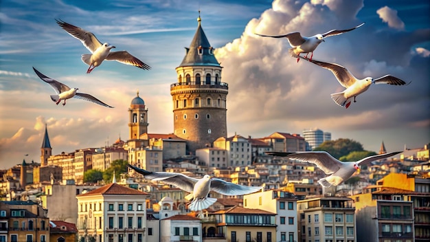 Galata Tower in Istanbul Turkey with seagulls on the foreground