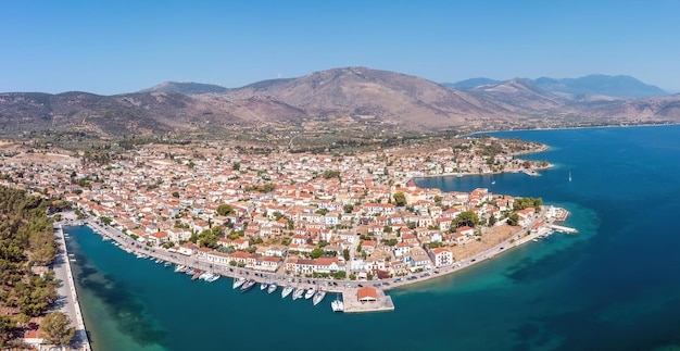 Galaxidi Greece from above aerial drone view Traditional town sunny day