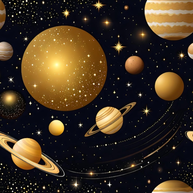 Galaxy Drawings of Golden Stars and Planets on a Dark Isolated Background