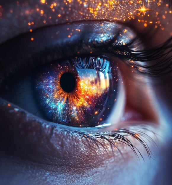 Photo galaxy reflected in human eye with microscopic textures