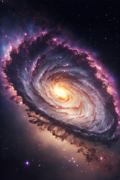 A galaxy with a purple center and a spiral shape