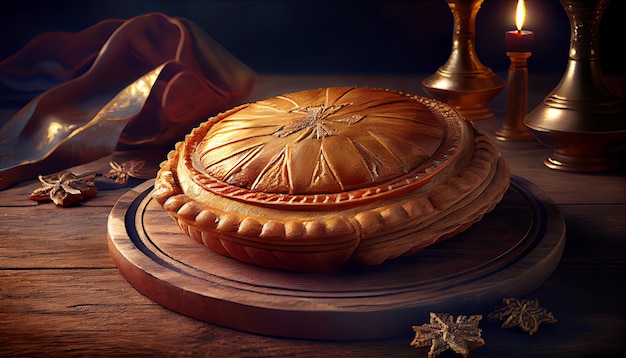 Galette des rois on wooden table traditional epiphany cake in france Thanksgiving and the Harvest Feast Novemer 23th Generative AI