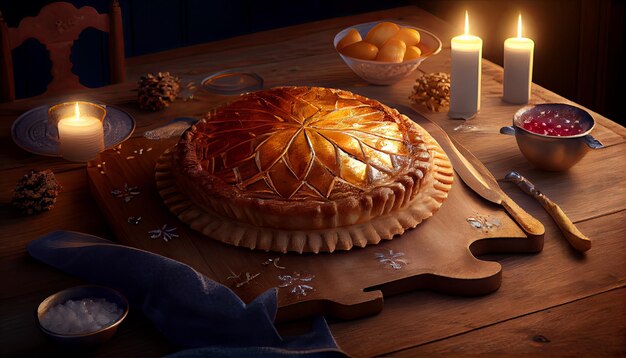 Galette des rois on wooden table traditional epiphany cake in france Thanksgiving and the Harvest Feast Novemer 23th Generative AI