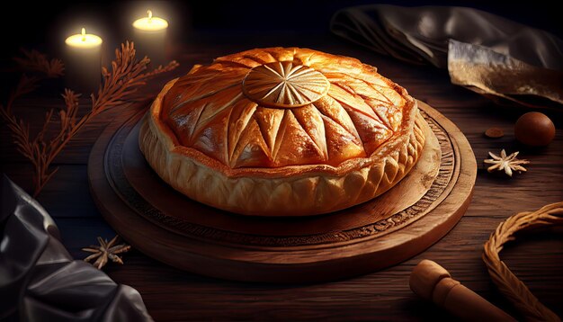 Galette des rois on wooden table traditional epiphany cake in france Thanksgiving and the Harvest Feast Novemer 23th Generative AI