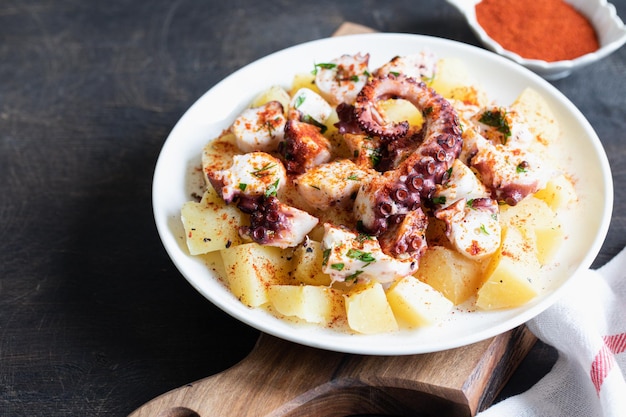 Galician octopus a traditional Spanish dish with potatoes octopuses and paprika