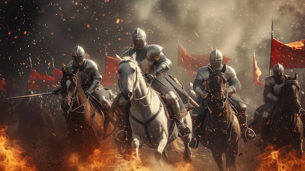 Gallant knights in shining armor charge through a fiery battlefield embers swirling around as red banners wave under a tumultuous sky