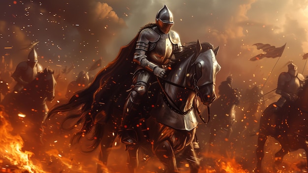 Gallant knights in shining armor charge through a fiery battlefield embers swirling around as red banners wave under a tumultuous sky