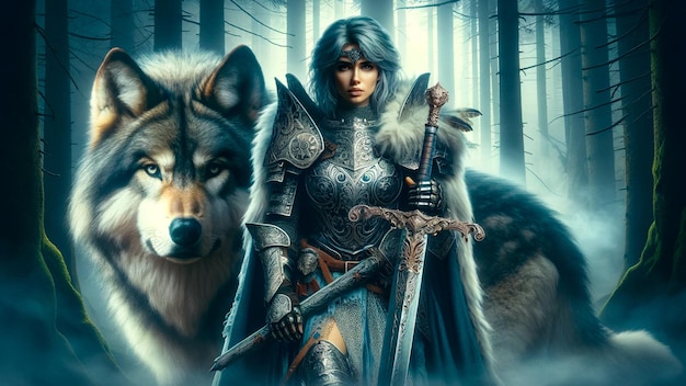 Gallant Swordmaiden and Giant Wolf in Serene Ancient Forest