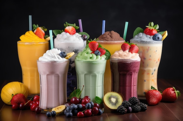 Gallery of fruitbased milkshakes with fresh and juicy fruits visible created with generative ai