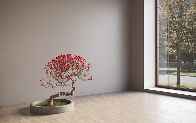 Gallery interior room with empty wall and decorative tree Gallery concept Mock up 3D Rendering