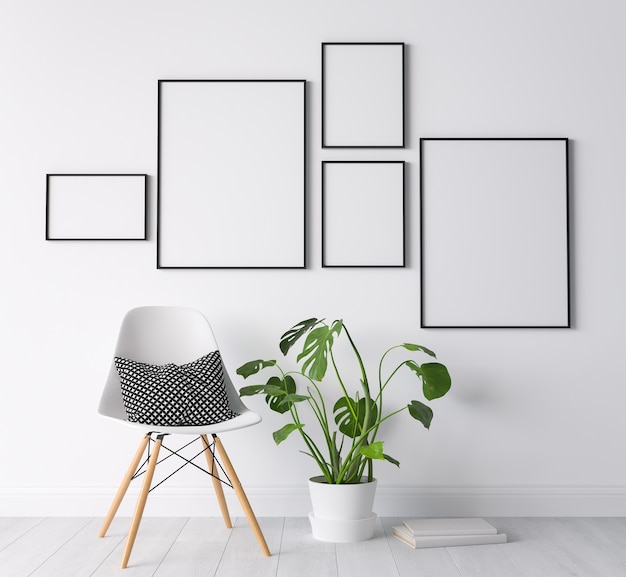 Gallery wall in minimal living room design, white chair on modern background