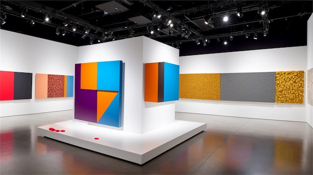 A gallery with a white wall and a colorful artwork.