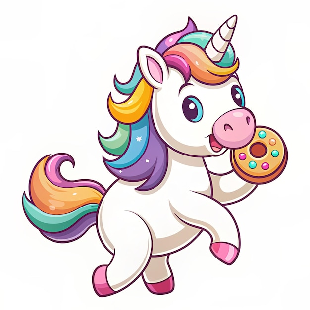 Gallop into whimsical delight with this adorable cartoon vector icon of a unicorn joyfully running with a donut