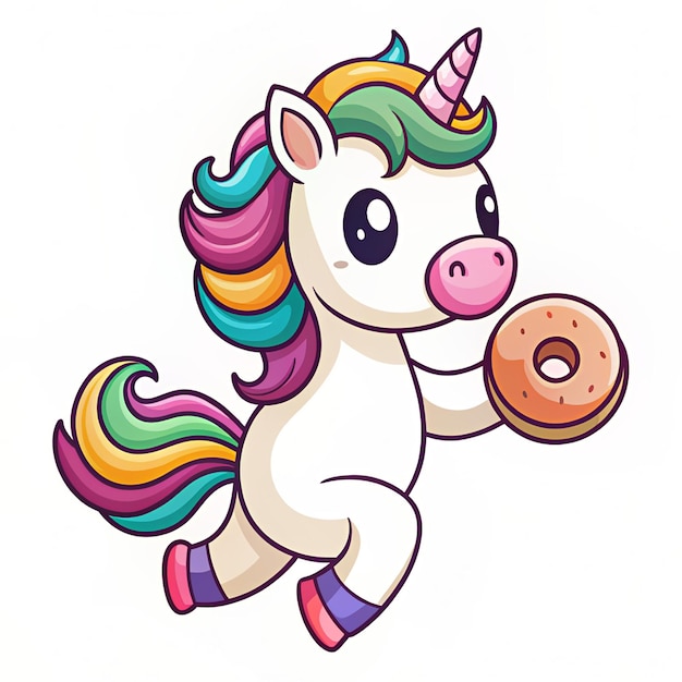 Gallop into whimsical delight with this adorable cartoon vector icon of a unicorn joyfully running with a donut