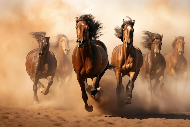 A Galloping Herd of Horses on a Sandy Stormy Terrain Generative AI