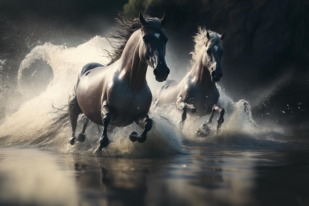 Galloping horses jumping over the camera in a river