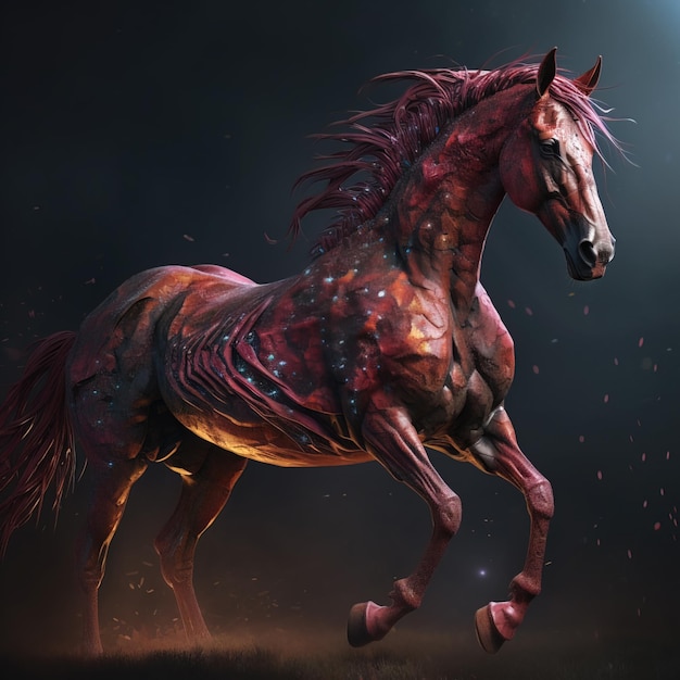 Galloping red horse on dark background