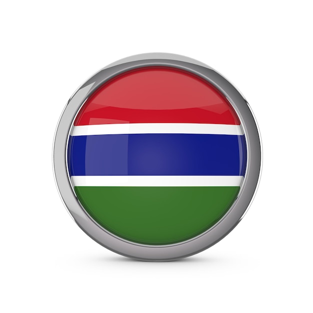 The Gambia national flag in a glossy circle shape with chrome frame 3D Rendering