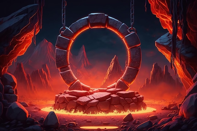 Game battle arena background with hell landscape with stone circle platform hanging on metal chains.