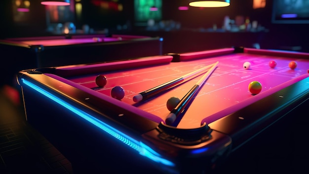 Game of billiards cue and layers on the tables neon light