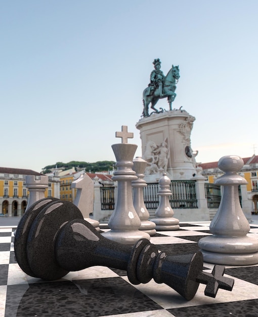 A game of chase in the middle of Praca de Comercio in Lisbon, Portugal