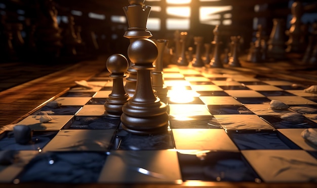 A game of chess Same color chess pieces on the board with broken particles Close up Generative AI