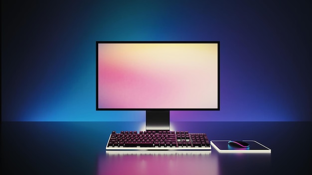 Game computer desktop with blue lights background Modern PC computer mockup gaming keyboard 3d rendering illustration