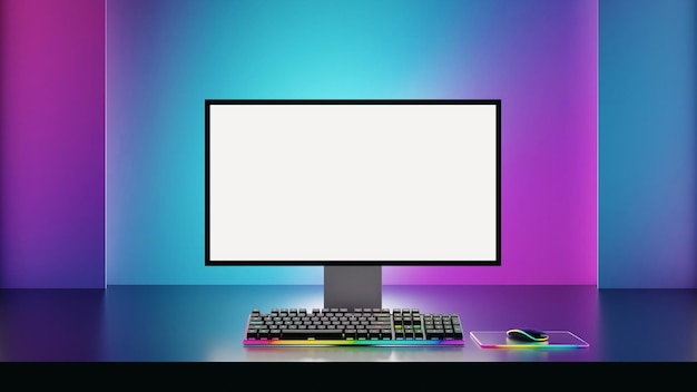 Game computer desktop with blue purple lights on the background Modern PC computer white screen mockup gaming keyboard 3d rendering illustration